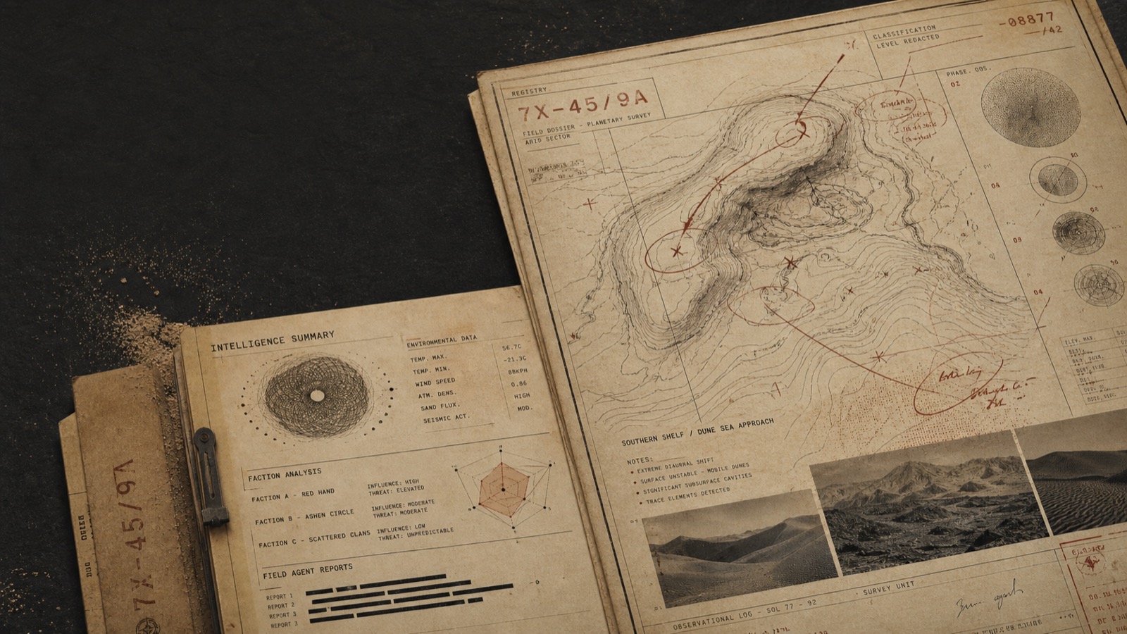 An original sand-colored intelligence dossier with map lines, coordinates, and field report markings.